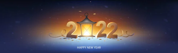 新的一年2022 复古灯笼在雪中与3D黄金数字 彩带和雪花背景 — 图库矢量图片