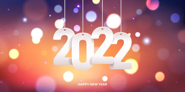 Feliz Año Nuevo 2022 Colgando Número Papel Blanco Fondo Borroso — Vector de stock