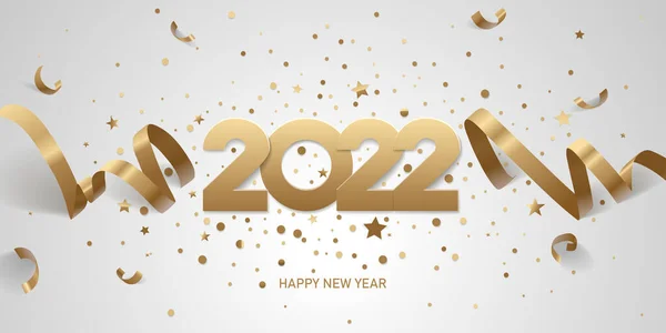 Bonne Année 2022 Chiffres Avec Rubans Confettis Sur Fond Blanc — Image vectorielle