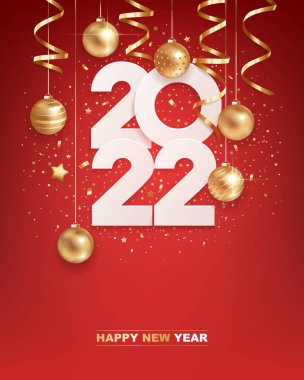 Mutlu yıllar 2022. Altın Noel süslemeli beyaz kağıt numaralar ve kırmızı arka planda konfeti. Tatil tebrik kartı tasarımı.