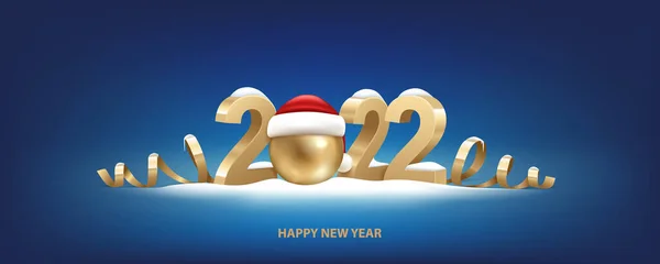 祝2022年新年快乐 金三维数字与圣诞老人的帽子 圣诞球 覆盖着雪蓝色背景 假日贺卡设计 — 图库矢量图片