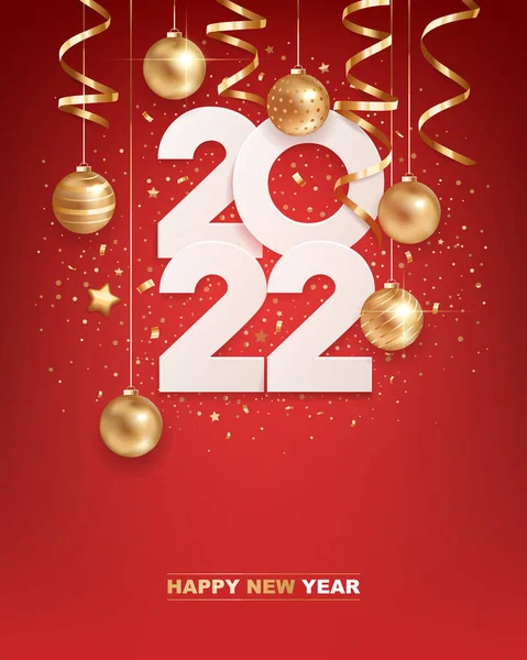 Feliz Año Nuevo 2022 Números Papel Blanco Con Decoración Navideña — Vector de stock