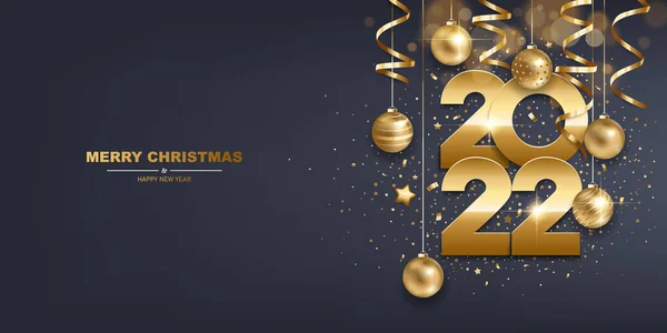 Frohes Neues Jahr 2022 Goldene Zahlen Mit Weihnachtsdekoration Und Konfetti — Stockvektor