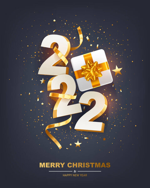 Happy New Year 2022 White Numbers Golden Ribbons Gift Box — Stock Vector