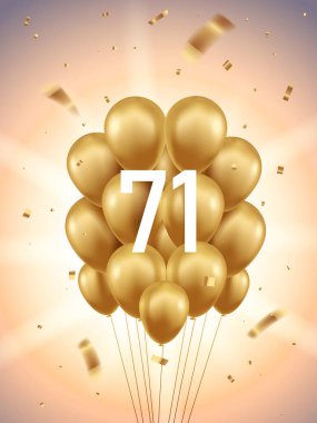 71. yıl dönümü kutlamaları. Altın balonlar ve arkasında güneş ışınları olan konfetiler..