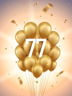 77. yıl dönümü kutlamaları. Altın balonlar ve arkasında güneş ışınları olan konfetiler..