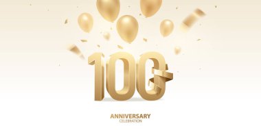100. yıl dönümü kutlamaları. Altın eğimli kurdeleli, konfetili ve balonlu 3D altın sayılar..