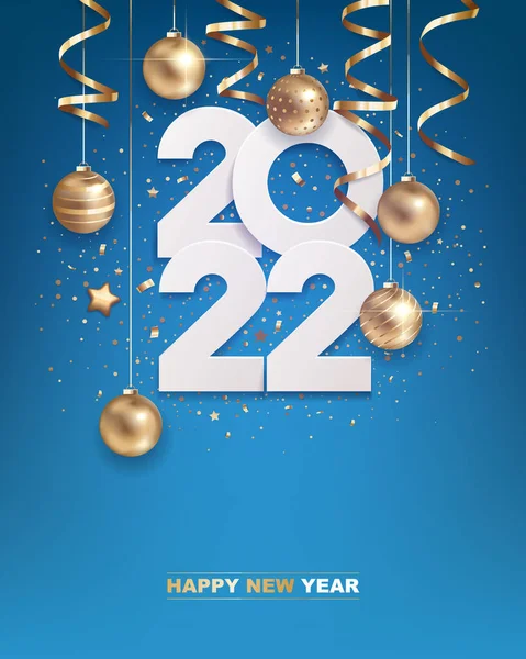 新的一年2022 白色的纸号码 带有金色的圣诞装饰和蓝色背景的意大利面 假日贺卡设计 — 图库矢量图片