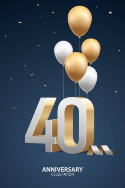 40. yıl dönümü kutlamaları. Altın ve beyaz balonları ve mavi arka planda konfetileri olan 3D altın sayılar..