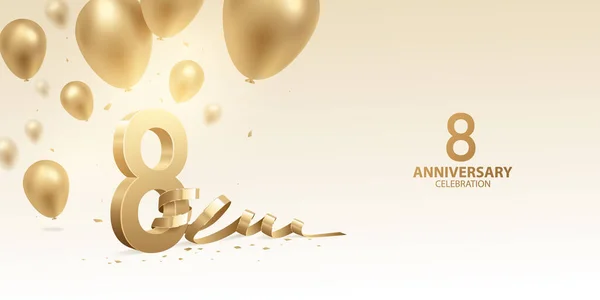 Achtste Verjaardag Viering Achtergrond Gouden Nummers Met Gebogen Lint Confetti — Stockvector