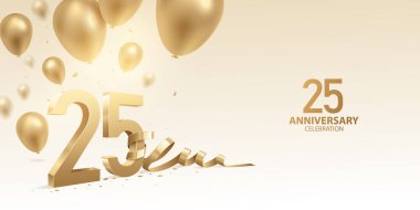 25. Yıldönümü kutlamaları. 3 boyutlu altın rakamlar eğilmiş kurdele, konfeti ve balonlarla.