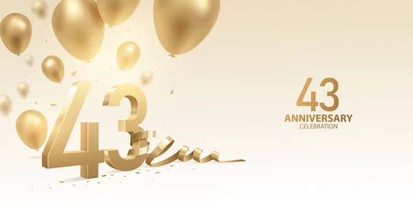 43E Verjaardag Viering Achtergrond Gouden Nummers Met Gebogen Lint Confetti — Stockvector