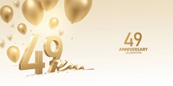 49Ste Verjaardag Viering Achtergrond Gouden Nummers Met Gebogen Lint Confetti — Stockvector