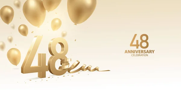 48Ste Verjaardag Viering Achtergrond Gouden Nummers Met Gebogen Lint Confetti — Stockvector