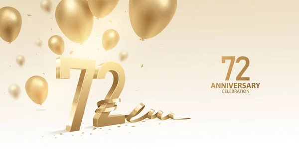 72E Verjaardag Viering Achtergrond Gouden Nummers Met Gebogen Lint Confetti — Stockvector
