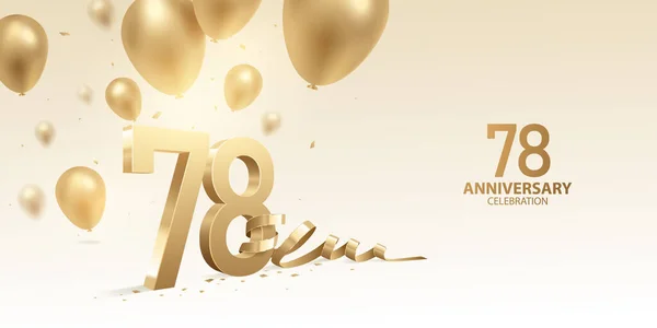 78Ste Verjaardag Viering Achtergrond Gouden Nummers Met Gebogen Lint Confetti — Stockvector
