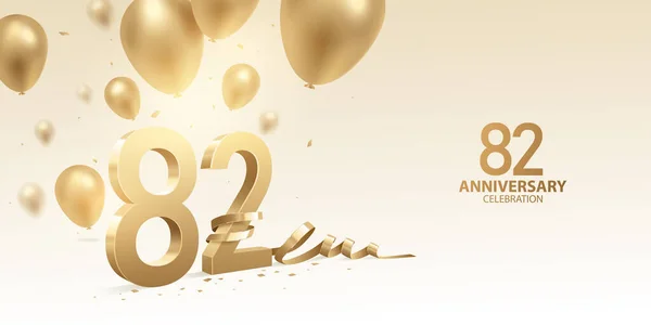 82E Verjaardag Viering Achtergrond Gouden Nummers Met Gebogen Lint Confetti — Stockvector