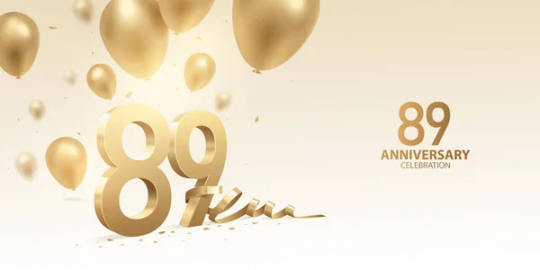 89Ste Verjaardag Viering Achtergrond Gouden Nummers Met Gebogen Lint Confetti — Stockvector