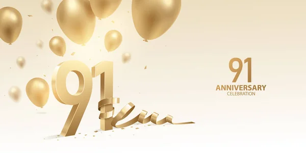 91E Verjaardag Viering Achtergrond Gouden Nummers Met Gebogen Lint Confetti — Stockvector