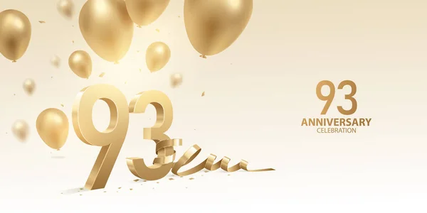 93E Verjaardag Viering Achtergrond Gouden Nummers Met Gebogen Lint Confetti — Stockvector