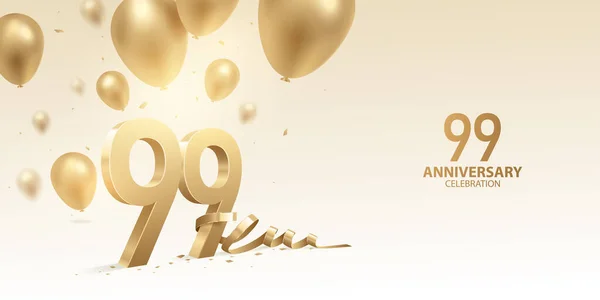 99Ste Verjaardag Viering Achtergrond Gouden Nummers Met Gebogen Lint Confetti — Stockvector