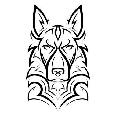 Siyah beyaz çizgili Alman çoban köpeği kafası sanatı. Sembol, maskot, simge, avatar, dövme, tişört tasarımı, logo veya istediğiniz herhangi bir tasarım için iyi bir kullanım.