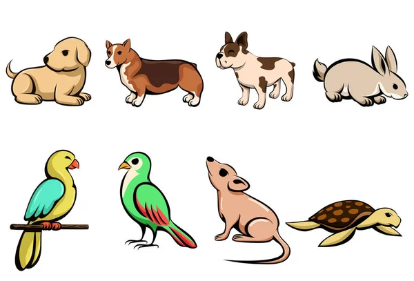 Desenho Animado Ilustração Vetorial Oito Animais Estimação Diferentes Com Cachorro — Vetor de Stock