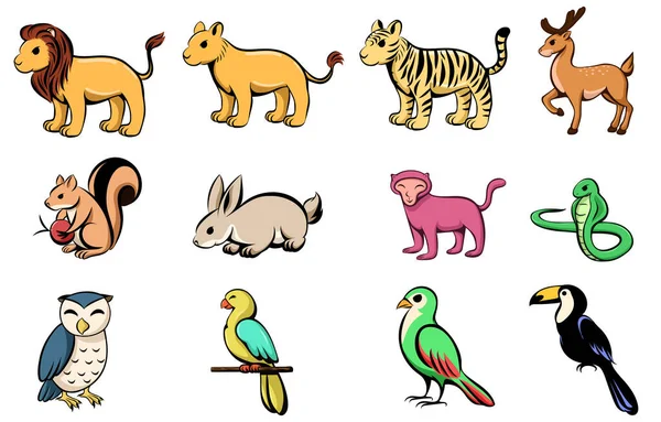 Dibujos Animados Ilustración Vectorial Doce Animales Salvajes Diferentes Con León — Archivo Imágenes Vectoriales