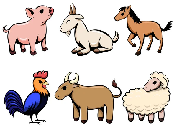 Set Six Line Art Cartoon Vector Images Various Farm Animal — Stock Vector