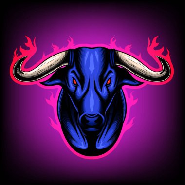 Boğa kafasının ön görüntüsü alevlerle çevrili. Taurus burcunun işareti. Maskot simgesi avatar dövmesi T-Shirt tasarım logosu ya da herhangi bir tasarım için iyi bir kullanım.