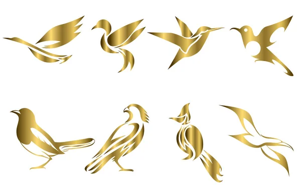 Conjunto Imágenes Vectoriales Oro Varias Aves Como Garza Colibrí Urraca — Archivo Imágenes Vectoriales