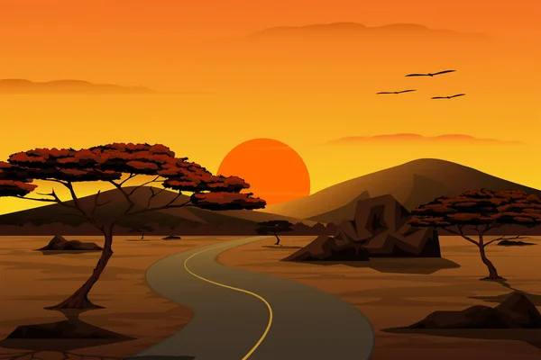 关于乡村风景的矢量卡通画 通往日落谷的路 背后是山与天 — 图库矢量图片