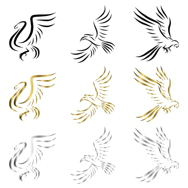 Set Line Art Vector Logo Three Kinds Birds Flying Swans — Archivo Imágenes Vectoriales