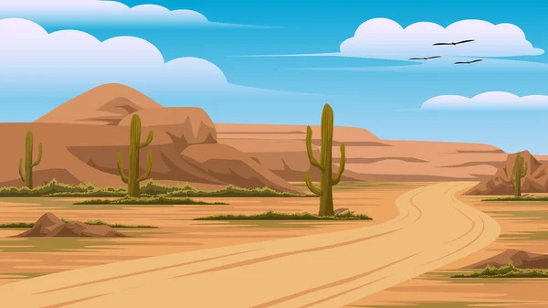 Ilustracja Widoku Pustynnych Gór Niebo Kaktusy Obu Stronach Małej Drogi — Wektor stockowy