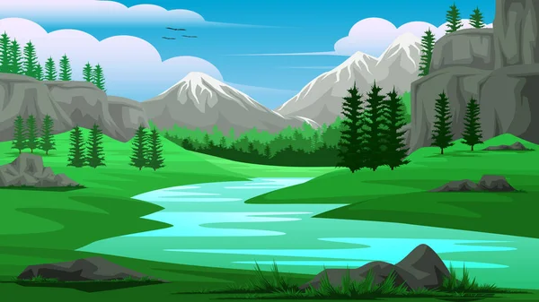 Ilustración Una Vista Las Montañas Del Arroyo Cielo Bosque Del — Vector de stock