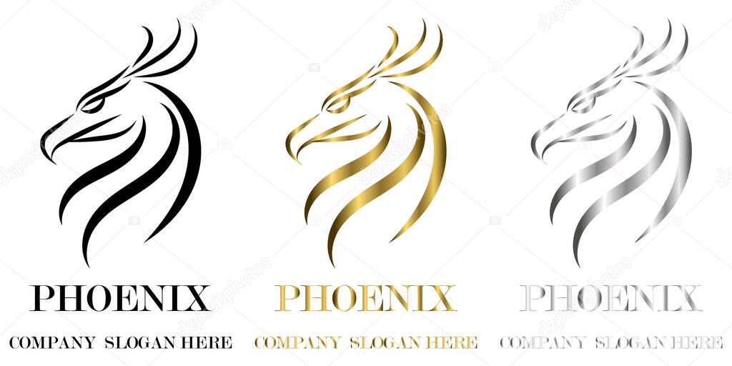 Three color black gold silver line vector logo of phoenix head It shows power and strength