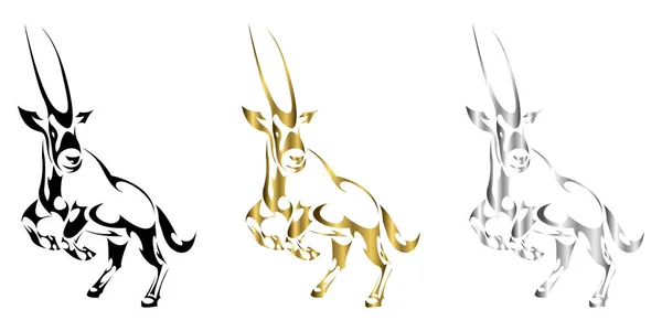 Três Cores Ouro Preto Prata Vetor Ilustração Gemsbok Levantando Duas — Vetor de Stock