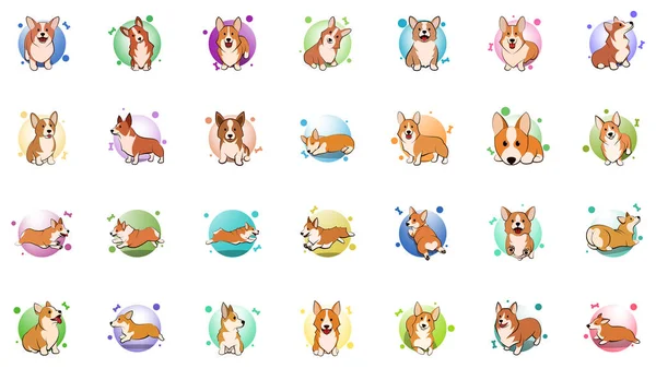 Symbolset Von Niedlichen Cartoon Vector Illustration Eines Corgi Welpen Hund — Stockvektor