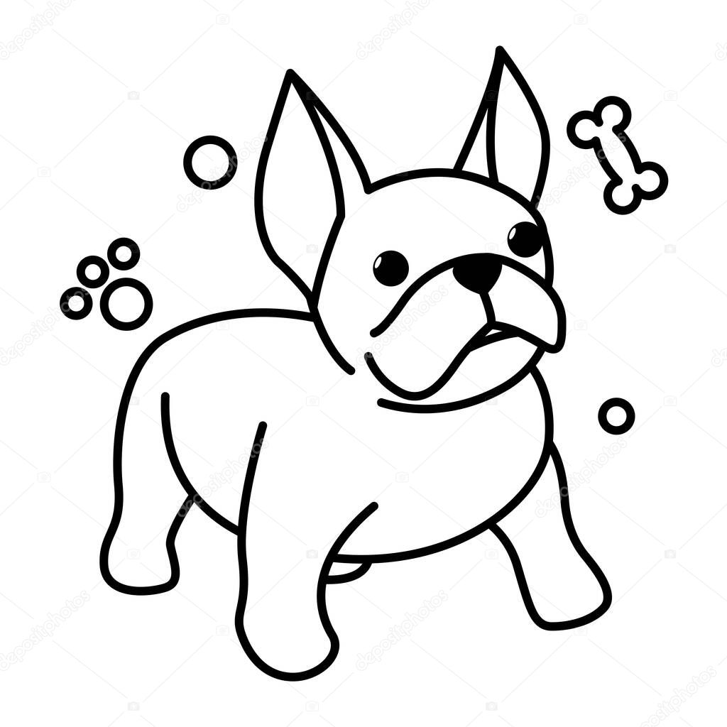 Black line vector illustration cartoon on a white background of a cute French Bulldog.