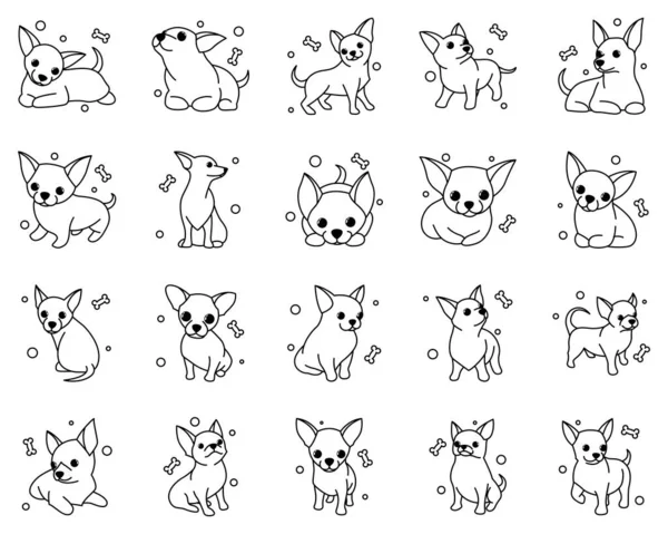 Cute Cartoon Vector Illustration Icon Set Chihuahua Puppy Dogs Outline — Stock Vector