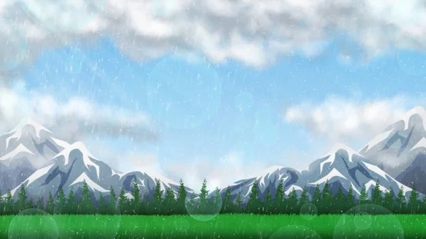 Natural Illustration Meadows Pine Trees Mountain Rainy Day — Stock Photo, Image