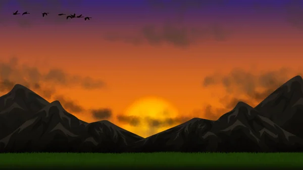 Natürliche Darstellung Von Wiesen Und Bergen Bei Sonnenuntergang — Stockfoto
