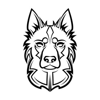 Siyah beyaz çizgili Alman çoban köpeği kafası sanatı. Sembol, maskot, simge, avatar, dövme, tişört tasarımı, logo veya herhangi bir tasarım için iyi bir kullanım