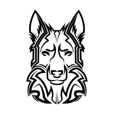 Siyah beyaz çizgili Alman çoban köpeği kafası sanatı. Sembol, maskot, simge, avatar, dövme, tişört tasarımı, logo veya herhangi bir tasarım için iyi bir kullanım
