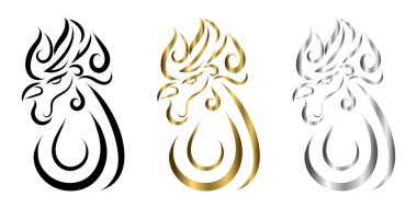 Üç renk siyah altın ve gümüş çizgili horoz kafası sanatı. Sembol, maskot, simge, avatar, dövme, tişört tasarımı, logo veya herhangi bir tasarım için iyi bir kullanım.