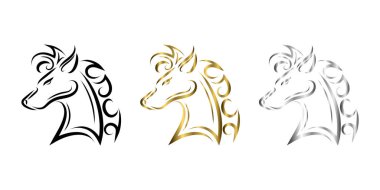 Üç renk siyah altın ve gümüş çizgili at kafası sanatı. Sembol, maskot, simge, avatar, dövme, tişört tasarımı, logo veya istediğiniz herhangi bir tasarım için iyi bir kullanım.