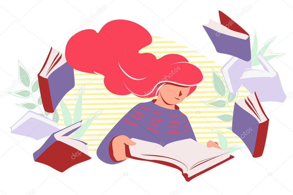 Woman read books vector flat illustration. Female student studying isolated on white background. Person book lovers and researcher. Concept of distance learning and self education clip art copy space