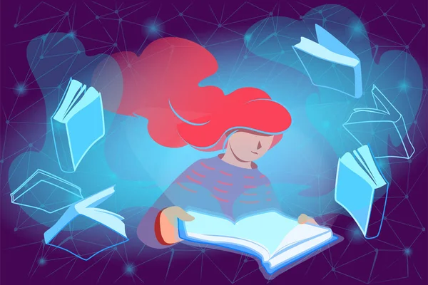 E conceito de leitura em estilo moderno. A mulher lê livros online. Tecnologia de educação à distância design plano. Conhecimento virtual, ilustração de biblioteca digital. Estudo da Web, espaço de aprendizagem. Gráfico vetorial —  Vetores de Stock