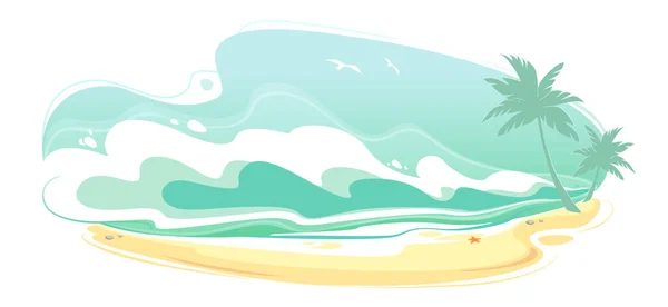 Sea Beach Landscape, Seascape Summer Banner. Costa con agua Olas Panorama, Surf Océano telón de fondo de vacaciones. Forma de marco líquido abstracto aislado sobre fondo blanco. Ilustración vectorial artística — Vector de stock
