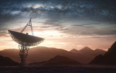Dünya 'dan iletişim ve sinyal alabilmek için büyük uydu anteni antenleri. Gün batımında uzayda radyo sinyali arayan gözlemevi.
